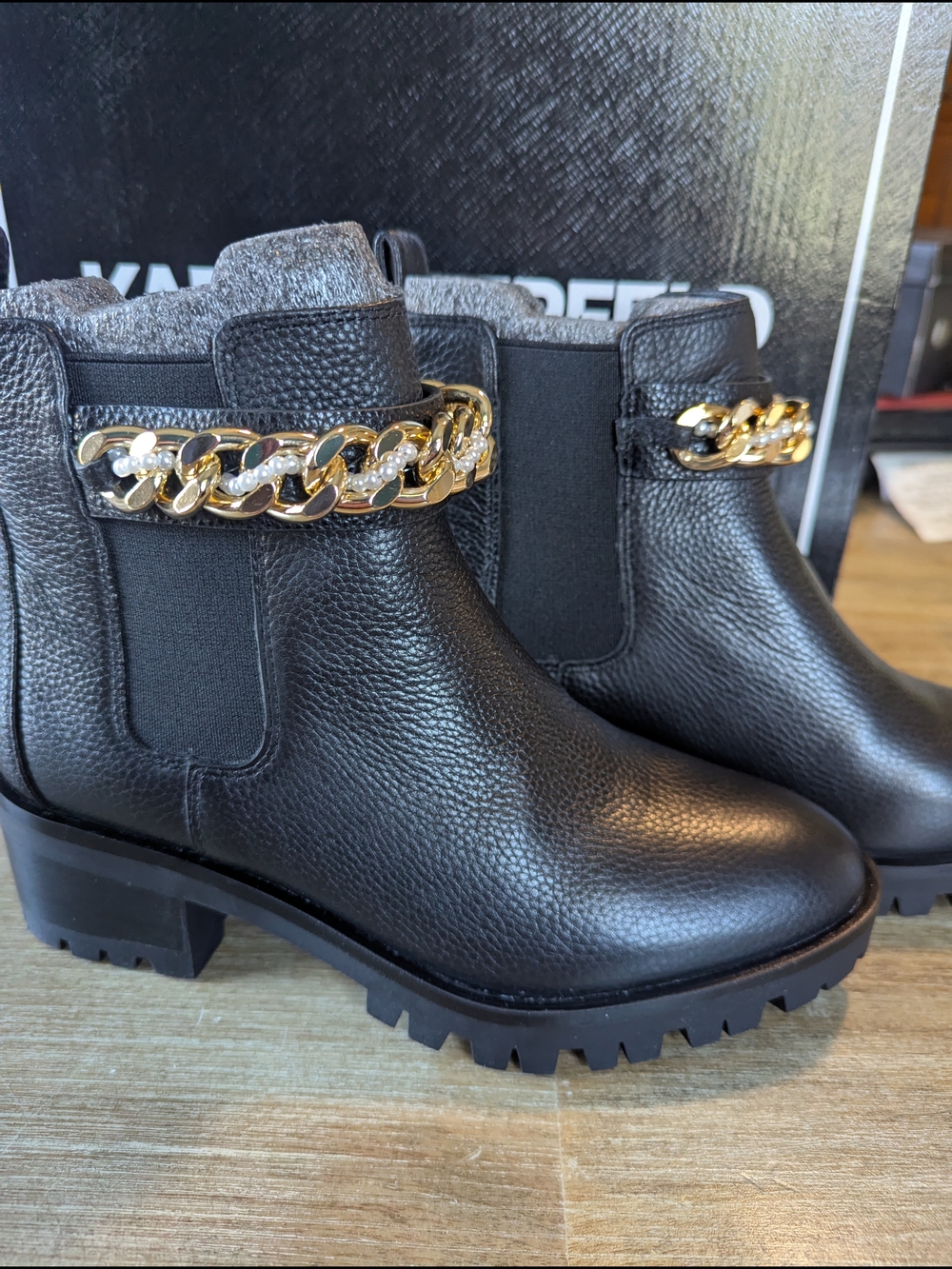 Karl Lagerfeld Pierson Black Leather Chelsea Booties with Gold and Pearl Chain